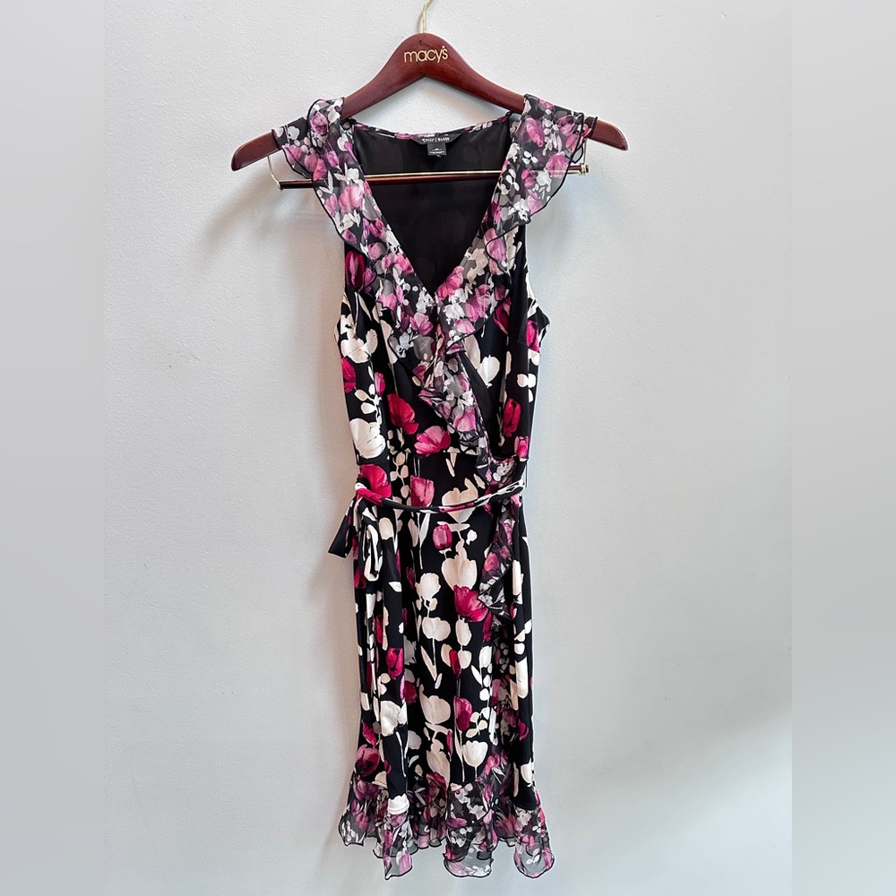white house black market black pink white floral ruffle wrap V Neck dress size12